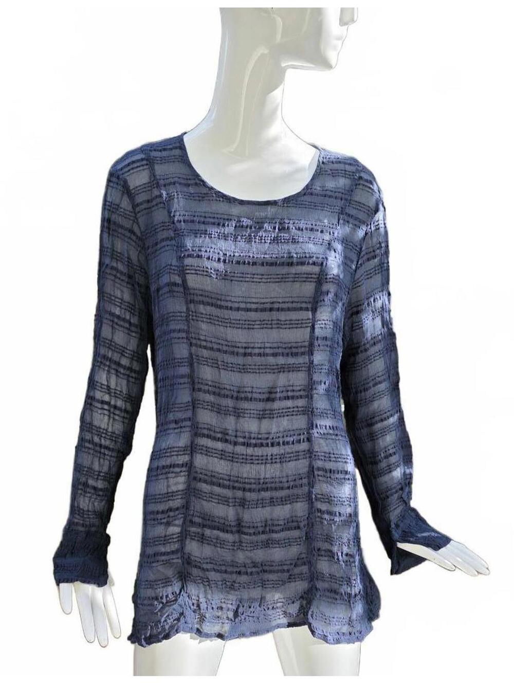 Grizas Boho Blue Sheer Long Sleeve Tunic Top Soft Stretch  XL